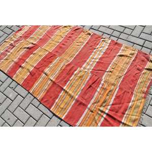 Alfombra turca vintage ecológica de pelo medio rústico rojo naranja 3,5x6,6 pies área grande diseño de retazos comedor lana látex - Product Image 4