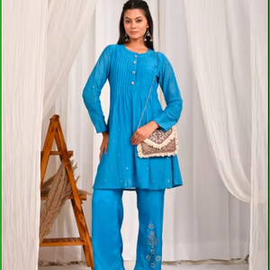 ชุดเซ็ต Saaj Sheesh Mahal Muh Chanderi สีน้ำเงิน - Product Image 1