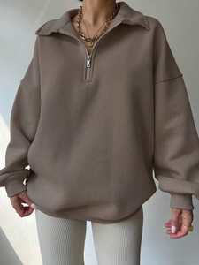 <b>Women's</b> Beige Oversized <b>Half</b> <b>Zip</b> <b>Sweatshirt</b> Cotton Fleece Pullover Loose Fit Drop Shoulder Long Sleeve Breathable Winter Wear - Product Image 3