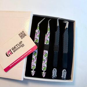 Wholesale GETUP BROSONS IMPEX 4Pcs Set Custom Printed Stainless Steel Anti-Static Fine Tip Eyelash Extension Tweezers Smooth - Product Image 2