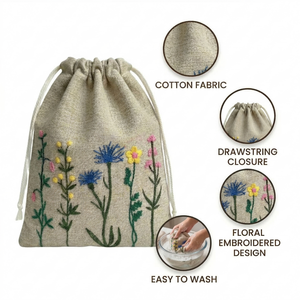 Sac cadeau en coton brodé jaune floral avec cordon de serrage, 8 x 9 pouces, 150 GSM, naturel, réutilisable, pour bijoux, cosmétiques, ou cadeaux de mariage - Product Image 6