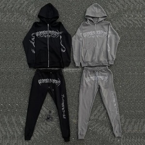 High Quality Custom Colors Unisex Lightweight Knee-Length Winter Pullover Cotton Tracksuit Distressed Embroidered <b>Rhinestone</b> <b>Top</b> - Product Image 5
