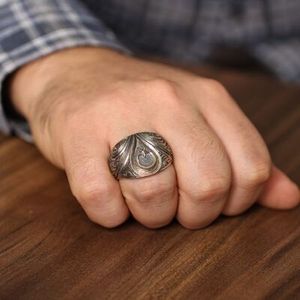 925 Sterling <b>Silver</b> Men's <b>Ring</b> with Crescent Moon Star Natural Stone Engraved <b>Statement</b> Style Everyday Wear Fine Fashion Jewelry - Product Image 1