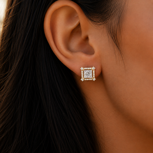 Beautiful Halo Set IGI Certified Princess Cut Lab Grown Diamond <b>Stud</b> Earring 14K Solid Gold Round Accent Earrings Bridal Jewelry - Product Image 3