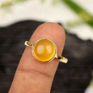 Bague en forme de pierre précieuse ronde de 10mm en calcédoine jaune naturelle en argent sterling 925 plaqué or 18 carats bijoux pour femmes en vermeil d'éternité - Product Image 6