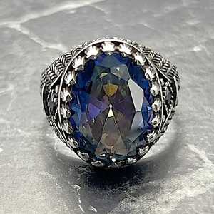 Anillo Otomano de Plata de Ley 925 para Hombre, Hecho a Mano, con Piedra Ovalada de Tanzanita Multicolor, Forma Marquesa, Joyería Turca, Regalo para Él - Product Image 2