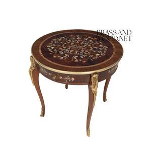 Mesa Auxiliar Redonda de Lujo con Incrustaciones Florales y Detalles Ornamentales de Latón Dorado para Decoración de Esquinas de Sala de Estar Clásica - Product Image 6