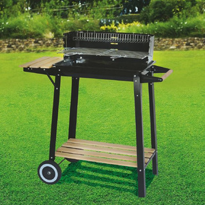 Barbecue carbone 53x33x85 cm con carrello 2 ripiani in legno griglia regolabile nero BBQ-per uso giardino - Product Image 3