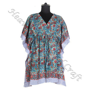 100% algodón mejor calidad Premium estampado de bloque de mano suave Kaftan KFCS008 peso ligero mujeres Casual ocasión desgaste corto caftán vestido - Product Image 4