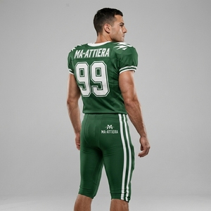 เสื้อฟุตบอลอเมริกันสีเขียวพรีเมียม กางเกงบุฟองน้ำ ชุดทีมหมายเลข 99 ประสิทธิภาพสูง รับผลิตแบบ OEM ODM ขายส่ง ผู้ผลิตชุดกีฬา - Product Image 4