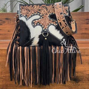 Mode femmes sac à main en cuir repoussé parfait pour un usage quotidien véritable cheveux en cuir de vachette dames frange sac à bandoulière - Product Image 1