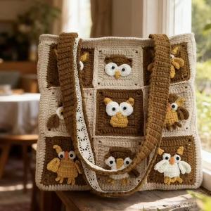 Sac à bandoulière portable double compartiment en coton, brodé, fait main au crochet, en laine, pour princesse, femme et bébé, accessoire de mode - Product Image 3