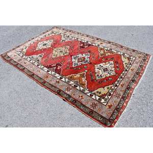 Alfombra de lana turca Vintage clásica rojo Beige 5,2X7,8 pies área grande abstracto adolescentes diseño rectangular respaldo de látex Patchwork para - Product Image 2