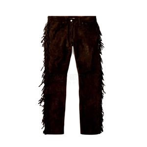 Pantalon en cuir de vachette marron clair à franges de style western personnalisé, léger et uni - Product Image 6