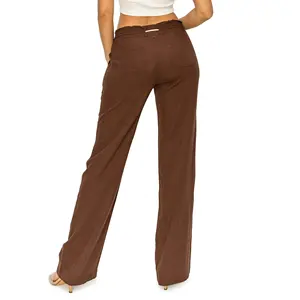 Women's Dark Brown <b>Linen</b> Casual Trousers with Custom Oceanside <b>Drawstring</b> Smocked Waist Lounge Beach Pockets Lace Decoration - Product Image 3