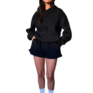 Haute qualité impression personnalisée femmes mode à capuche deux pièces ensemble court 100% coton tricot tenue quotidienne impression numérique 2pc ensemble - Product Image 1