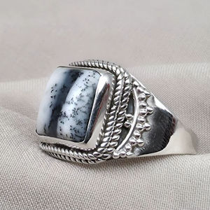 925 Sterling Silver Dendritic Agate <b>Ring</b> Square Black & White Agate Jewelry Handmade Boho <b>Statement</b> <b>Ring</b> Unique Gift for Her - Product Image 2