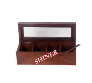 กล่องเครื่องเทศไม้สำหรับห้องครัว Masala dabba Spice jars 4ช่องแบ่งใหญ่พร้อมช้อนและด้านบนแก้วเก็บของในครัวของตกแต่งบ้าน - Product Image 4