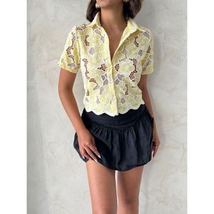 Blusa Elegante de Encaje Amarillo 100% Algodón para Mujer TOPSHOW, Cuello Clásico, Mangas Cortas, Tela Transpirable para Uso Casual y Diario - Product Image 4