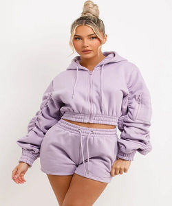 ชุดเสื้อมีฮู้ดและกางเกงขาสั้นผ้าโพลีเอสเตอร์/ ผ้าฝ้ายแบบถักสองชิ้นโลโก้ออกแบบได้ตามต้องการ - Product Image 1