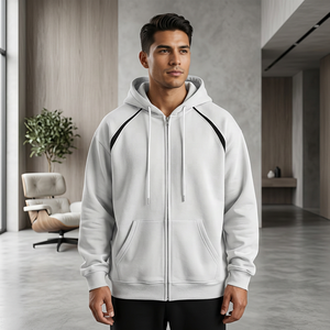 Sweat-shirt à capuche zippé blanc pour homme, en polaire oversize, couleur unie, décontracté, pour l'automne, manches classiques, avec poches - Product Image 4