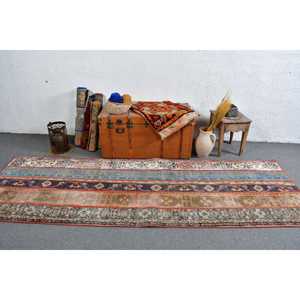 Alfombra Turca Vintage de 3.2x9.8 pies, Alfombra de Pasillo, Alfombra de Lana Azul - Product Image 2