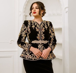 STUNNING MIDDLE EAST EMBROIDERY on BLACK JACKET WITH EMBELLISH GOLD CRYSTAL BEADS,PEARLS,GLASS STONE WORK for PARTY-WEAR @ 2023 - Product Image 1