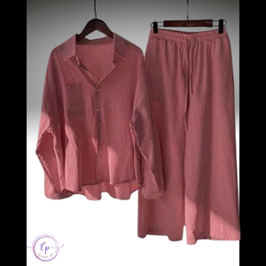 Ensemble coordonné 2 pièces en mélange de coton pour femme 2025 – Chemise coupe classique et pantalon large boutonné, écologique et respirant - Product Image 6