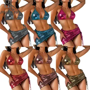 Ensemble de bikini brillant à col halter avec paréo, maillot de bain 2 ou 3 pièces, vêtements de plage, logo imprimé numériquement sur la taille pour la baignade - Product Image 1