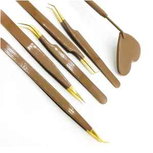 Pinzas de extensión de pestañas con logotipo personalizado, herramientas de extensión de pestañas con punta dentada de acero inoxidable ligero recubierto de Color marrón - Product Image 5