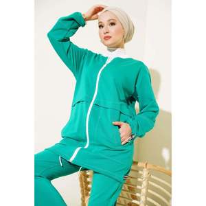 ชุด2ชิ้นซิปคอเสื้อมีโครงสีเขียว - Product Image 2