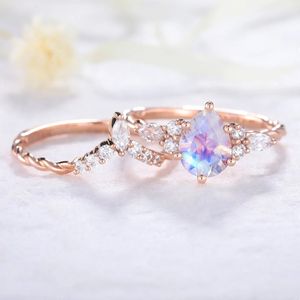 Bague de mariage en or massif 100% naturel, pierre précieuse en pierre de lune arc-en-ciel, nouveau design luxueux, bijoux fins avec diamants véritables - Product Image 3