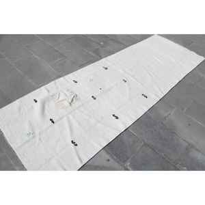 พรมวินเทจขนาด 3.1x9.4 ฟุต, พรมวิ่งสไตล์ตุรกี, พรมขนสัตว์ขอบสีขาวดำ - Product Image 3