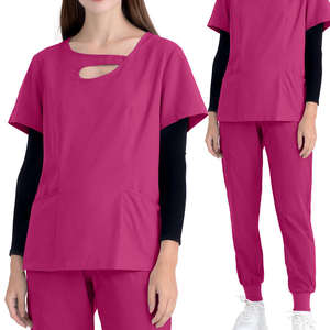 ชุดสครับทางการแพทย์แขนสั้นสำหรับผู้หญิงและผู้ชายชุดผ้าโพลีเอสเตอร์สำหรับวิ่งพยาบาลชุดเครื่องแบบผ้าสแปนเด็กซ์ถักสำหรับโรงพยาบาลพิมพ์โลโก้ได้ตามต้องการ - Product Image 4