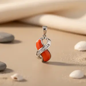 Colgante de Coral de Plata 925 con Detalles de Diamantes, Regalo para Ella, Categoría de Productos de Colgantes y Dijes de Diamantes - Product Image 2