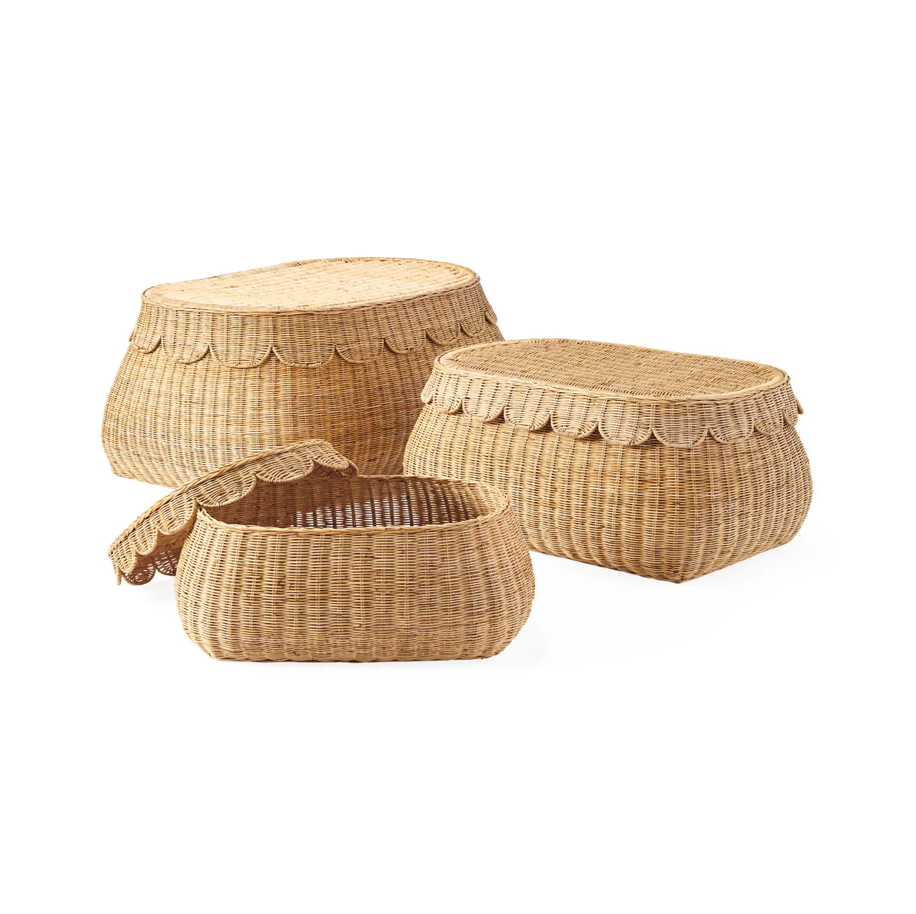 Manufacturer Wholesale Set Of 3 Hand Wicker Scalloped Rattan Baskets Decorative Suitable For Storage Clothes Toys Dolls