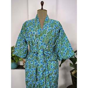 Pure Cotton Indian Handprinted Boho Kimono Dress Elegant Aqua Blue Green Floral Luxury <b>Robe</b> for Women for <b>Beach</b> Holidays Yacht - Product Image 4