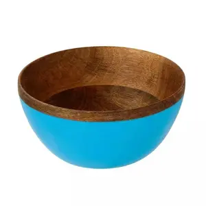 最新水果和沙拉供应木碗批发供应商新设计手工成品木碗外部蓝色
