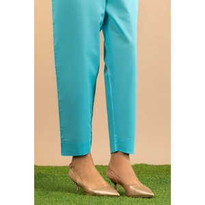 Pantalon Oxford Cyan Anti-Plis pour Femme, Taille Mi-Haute, Coupe Crayon, avec Fermeture Élastique et Détails Lavés Colorés - Product Image 2