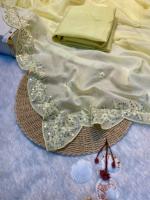 Tissu en organza à dentelle douce et écologique, extensible, avec des paillettes, broderie, bordure coupée en arc pour toutes les occasions