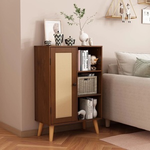 Modern wood and rattan One Door <b>Cabinet</b> with Open <b>Shelves</b> Modern Walnut Finish Storage Unit for Living Room and Bedroom Decor - Product Image 1