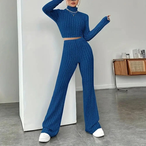 ชุดถักคอเต่าทรงสลิมฟิตและเอวสูงกางเกงขาบานสำหรับผู้หญิงชุดฤดูหนาว - Product Image 4