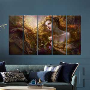 Printed Canvas Art: Modern Woman with <b>Rose</b> for Elegant Girl Room Decor,SET OF 5 CANVAS - Product Image 1