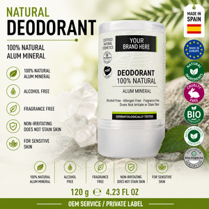 Déodorant naturel en stick d'alun, marque privée, 120g, OEM |   Déodorant minéral végétalien biologique |   Espagne UE - Product Image 1