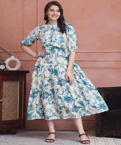 NUEVA COLECCIÓN, CONJUNTO DE 3 PIEZAS DE SATÉN FLORAL VINTAGE, ECOLÓGICO, PARA USO DIARIO, PRECIO AL POR MAYOR, PRENDA ÉTNICA, AZUL - Product Image 3