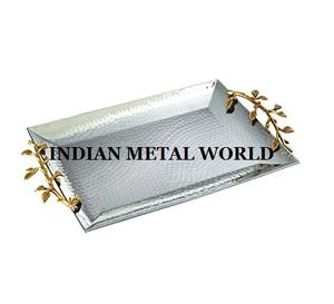 Designer Handles Decorative Serving <b>Tray</b> Deluxe Quality <b>Large</b> Size Aluminium Food <b>Tray</b> by Indian Metal World - Product Image 4