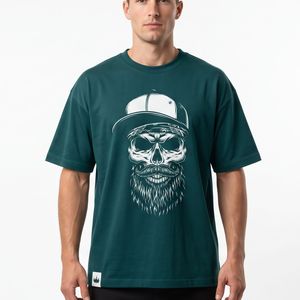 T-shirt da uomo verde scuro a maniche corte con stampa teschio e <span class=keywords><strong>barba</strong></span>, girocollo, casual, vestibilità regolare, in jersey di cotone - Product Image 1
