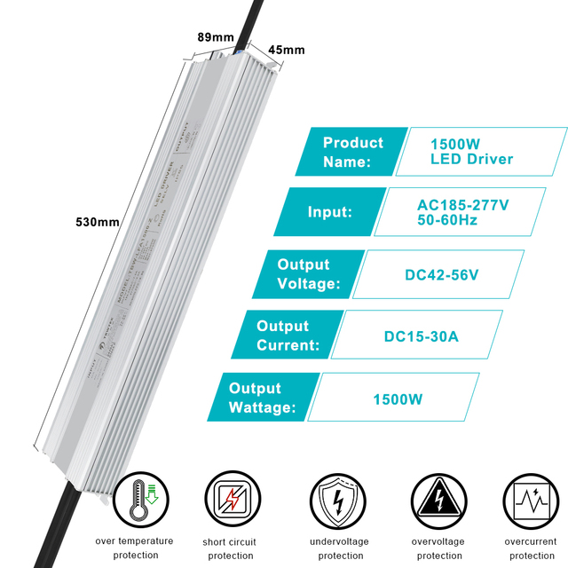 UL Certified 96% Efficiency 1500W LED Driver IP67 Waterproof AC DC Power Supply for Stadium Grow Flood Light
