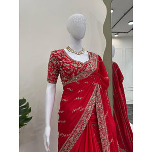 High Quality Organic Fabric Blouse Premium Designer Chinon Silk Saree Thread <b>Sequin</b> Work Bulk Wholesale Traditional Unstitched - Product Image 1