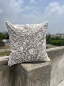 <b>Grey</b> 100% linen Hand Embroidered Decorative <b>Sofa</b> Backrest Pillow Case Handmade Designer Throw Pillow <b>Cover</b> At Best Price - Product Image 5
